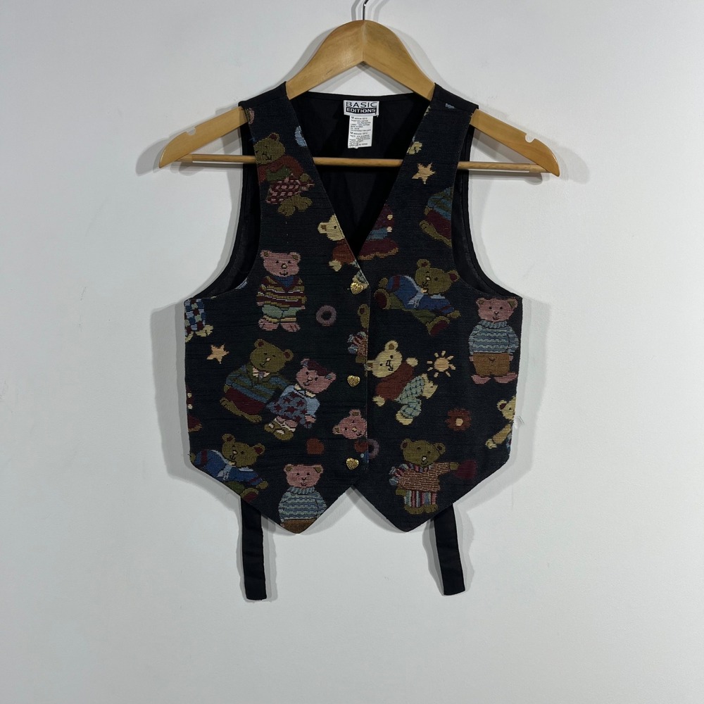Vintage Basic Editions Teddy Bear Tapestry Vest Womens Medium Cottagecore Folk